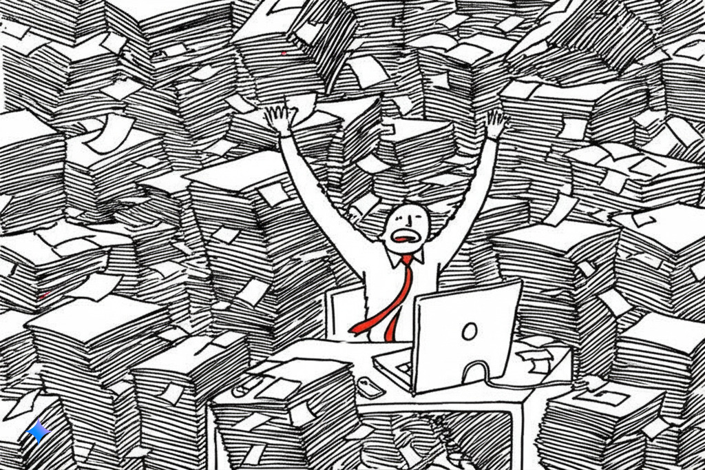 Overwhelmed worker swimming in paper - created with Gemini